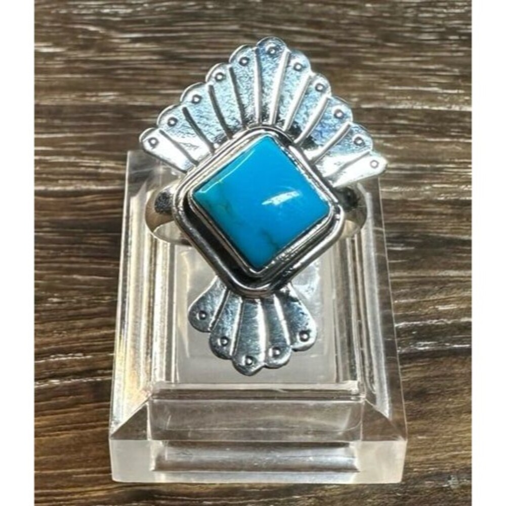 Native Southwest Style Sterling Silver Turquoise Fan Edge Ring Sz 7.5